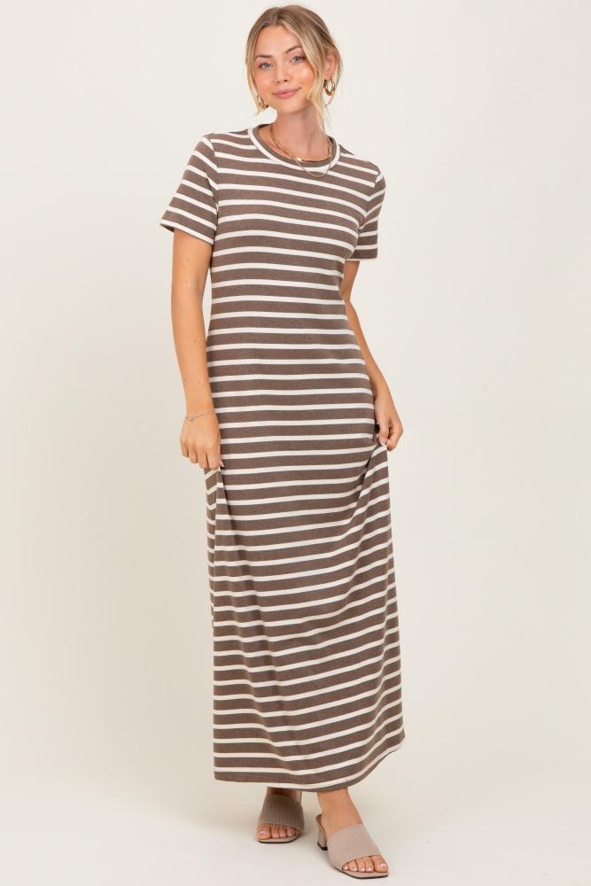 brown striped short sleeve midi dress
