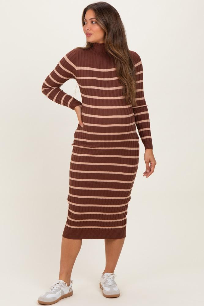 brown striped turtleneck maternity midi sweater dress