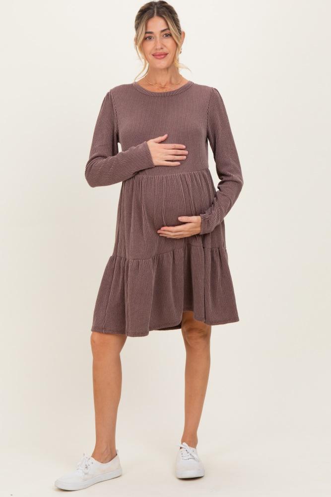 brown textured rib tiered long sleeve maternity dress