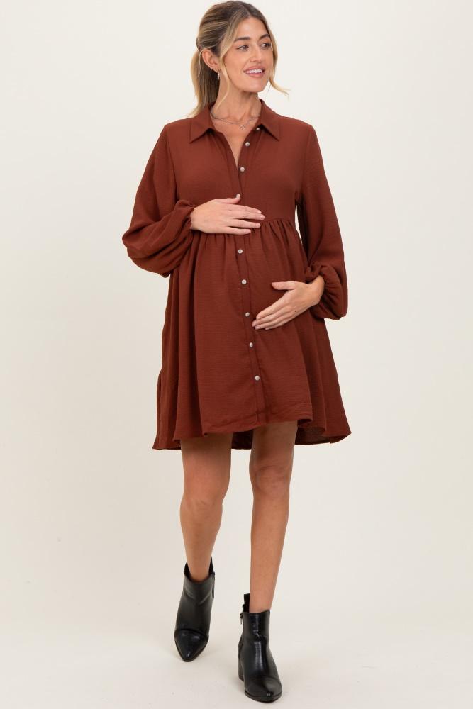 brown tiered back detail button down maternity dress