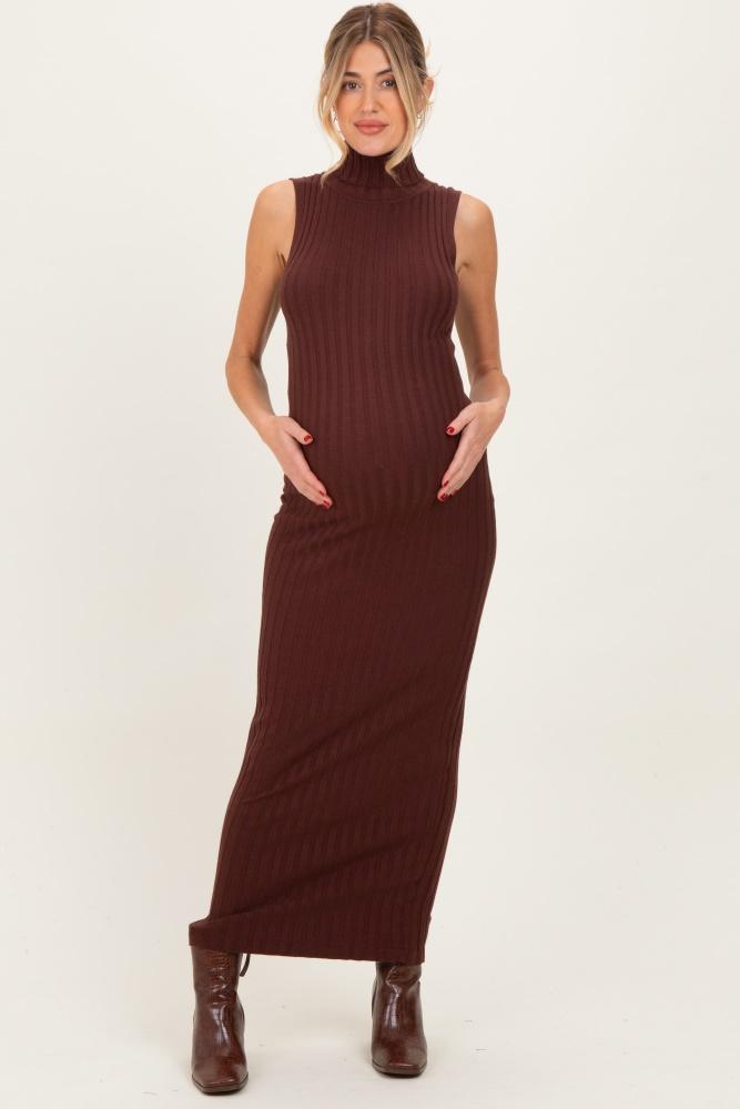 brown turtleneck ribbed knit sleeveless maternity maxi dress