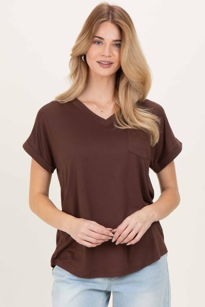 brown v-neck pocket short sleeve shirt