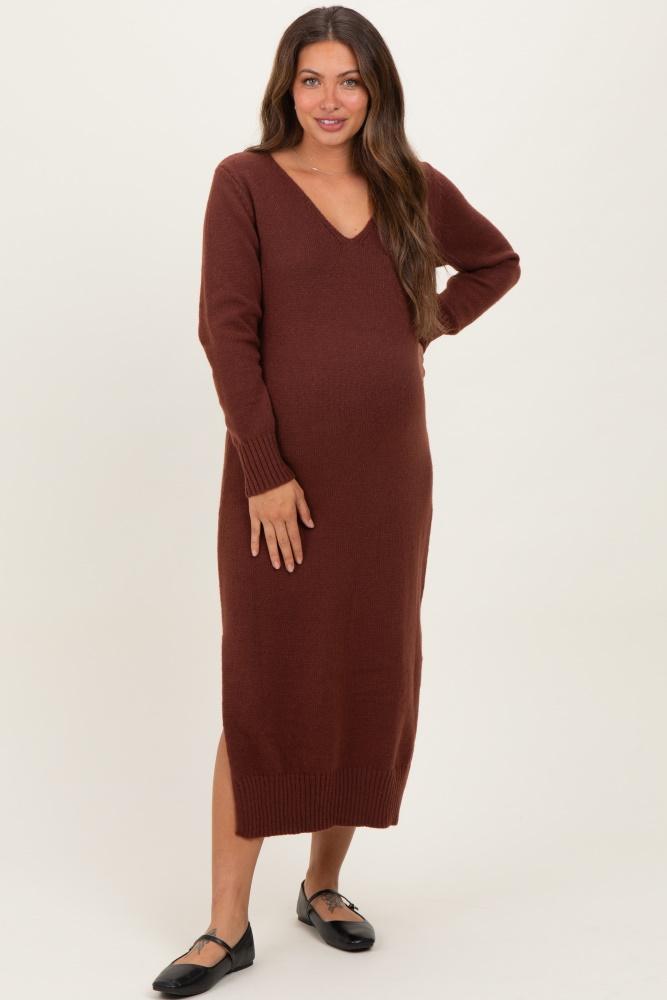 brown v-neck relaxed fit maternity sweater dress