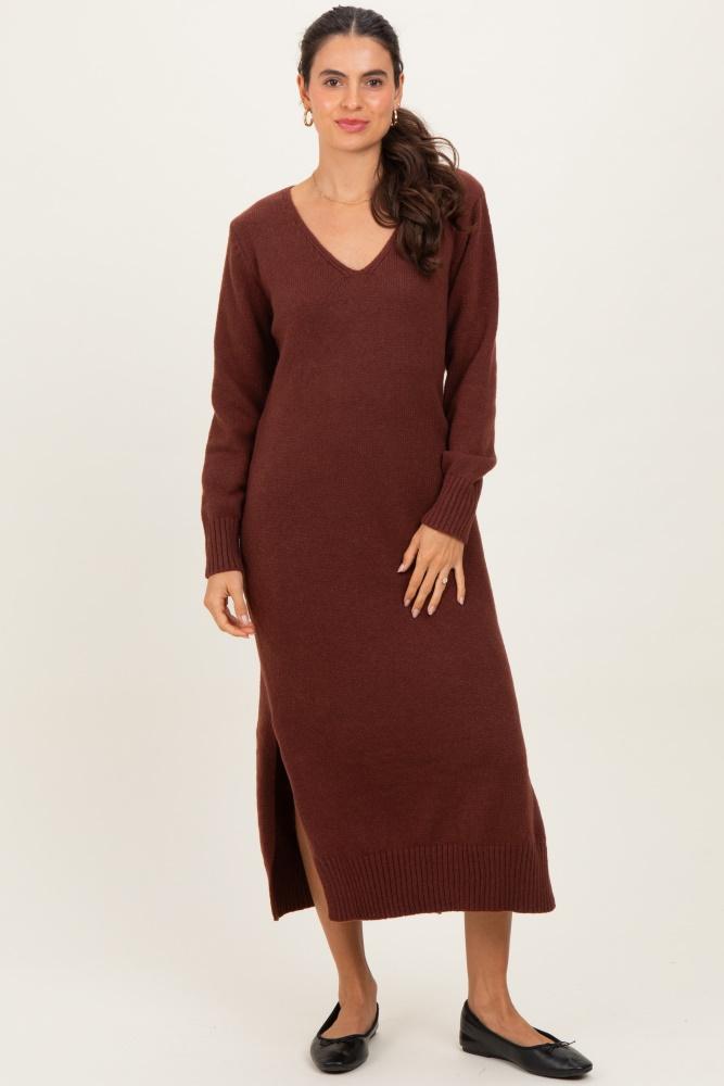 brown v-neck relaxed fit sweater dress
