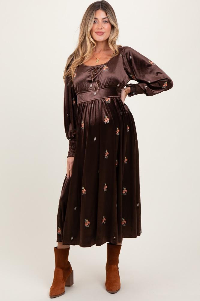brown velvet embroidered floral maternity midi dress
