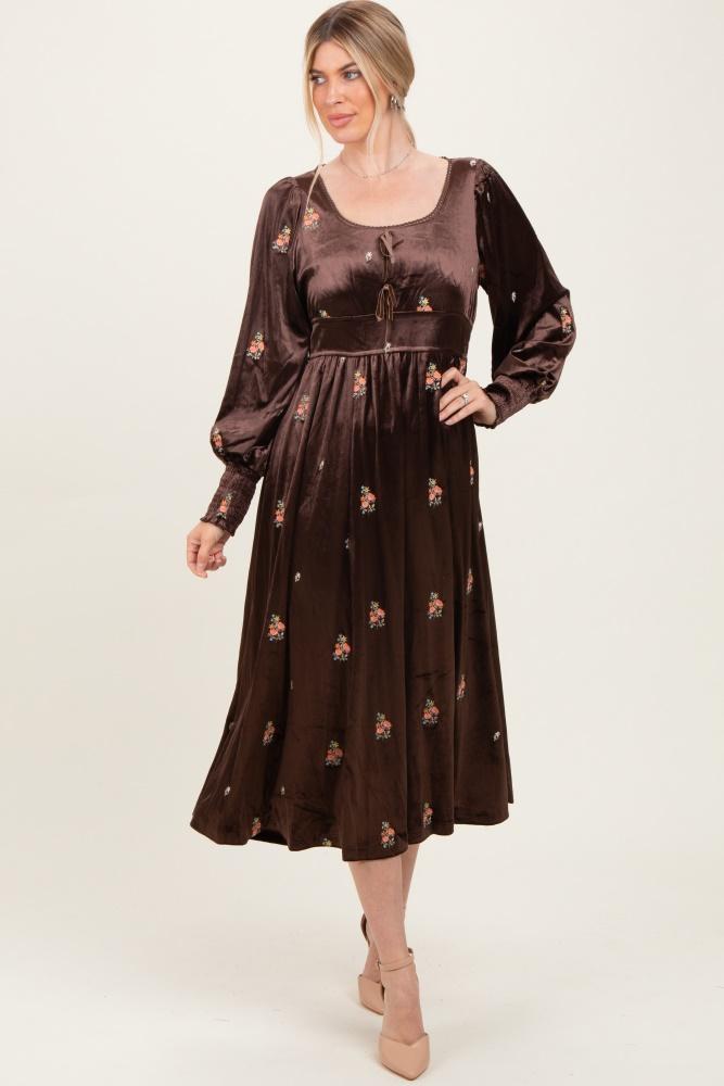 brown velvet embroidered floral midi dress