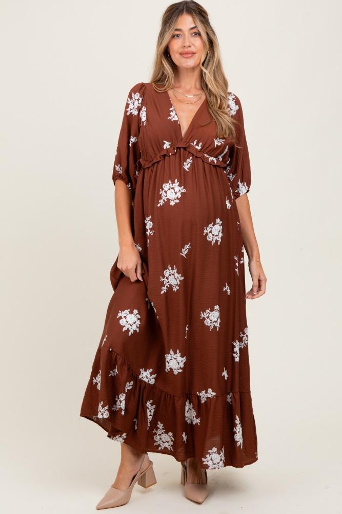 brown vintage floral embroidered​ v-neck 3/4 sleeve maternity maxi dress