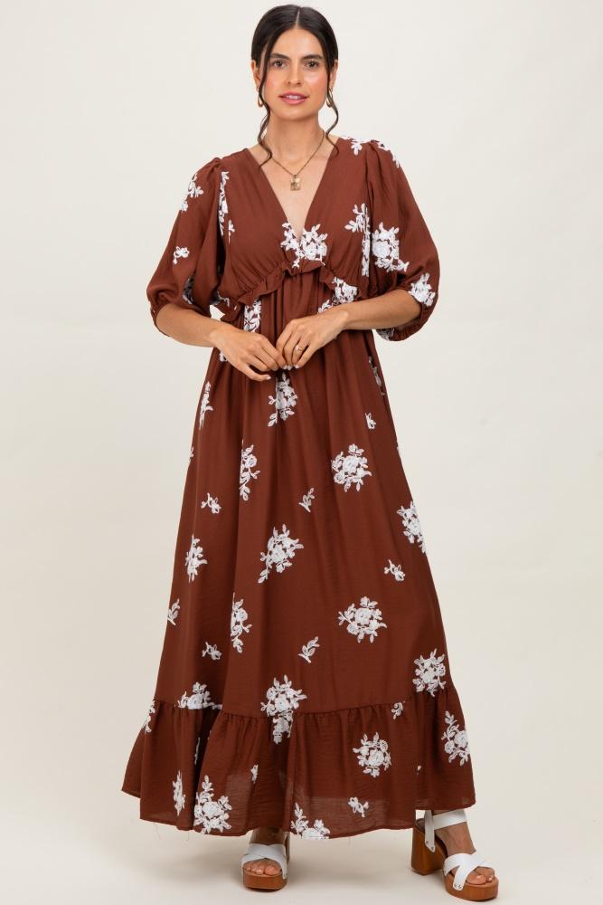 brown vintage floral embroidered​ v-neck 3/4 sleeve maxi dress
