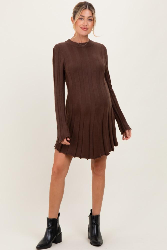 brown wide rib maternity mini sweater dress