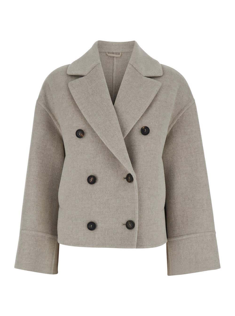 brunello cucinelli beige double-breasted short coat with wide revers in wool and cashmere woman