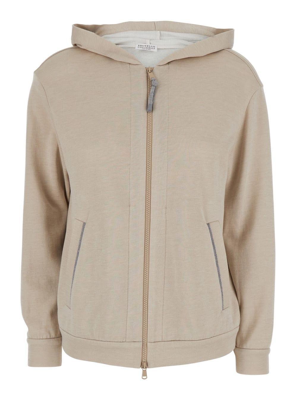 brunello cucinelli beige hooded sweatshirt with fixed hood and monile details in cotton and silk blend woman