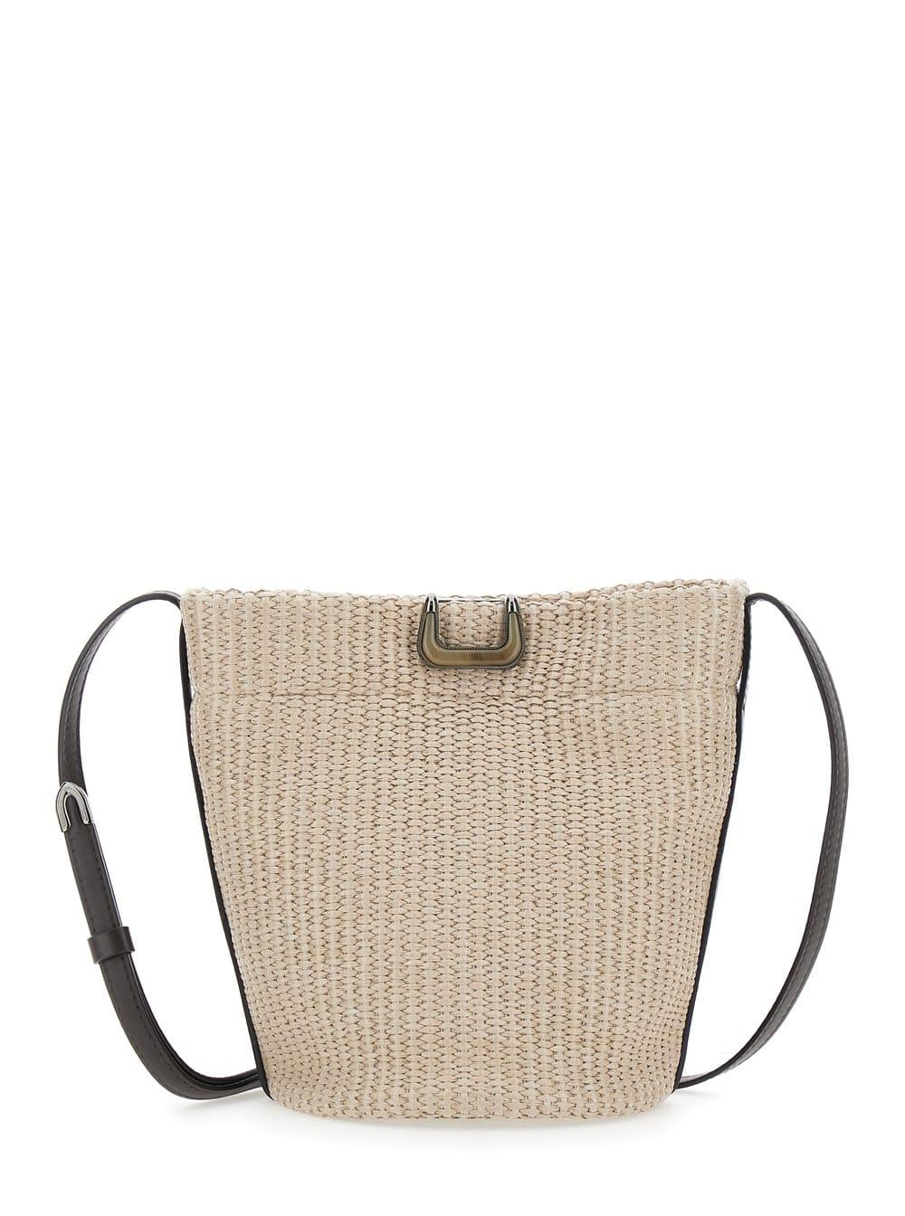 brunello cucinelli beige shoulder bag with plate on the front in raffia for women