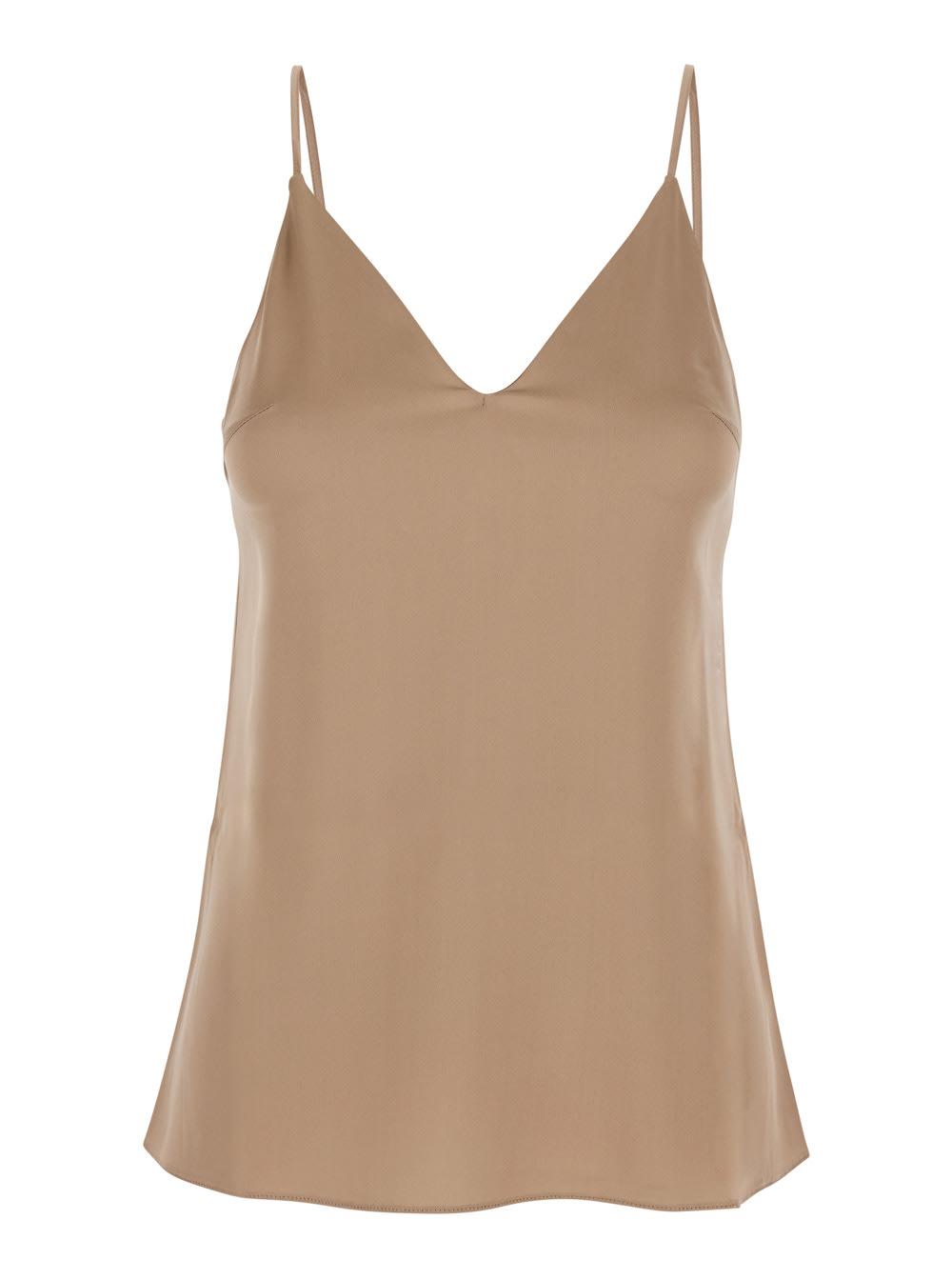 brunello cucinelli beige silk blend top with spaghetti straps and v neck woman