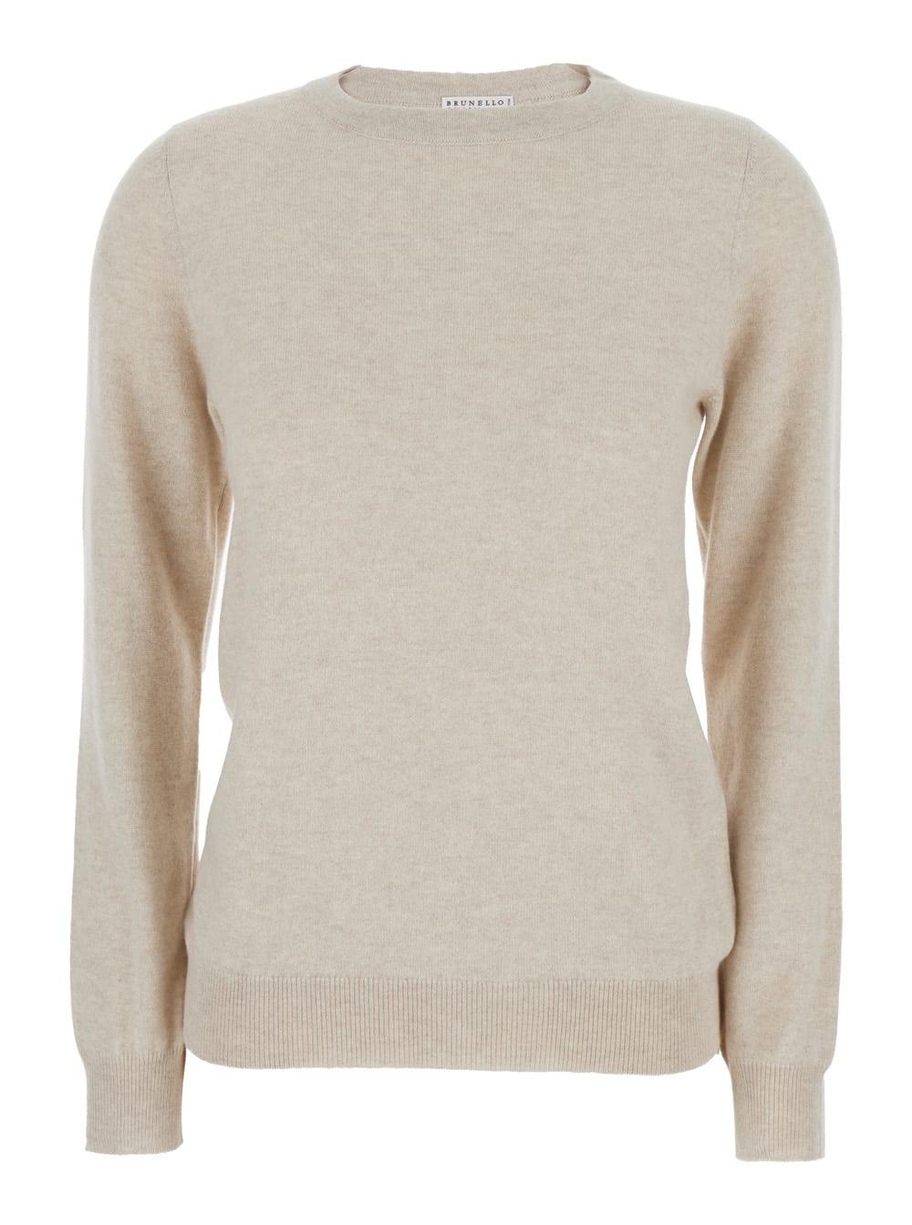 brunello cucinelli beige sweater with round neck in cashmere woman