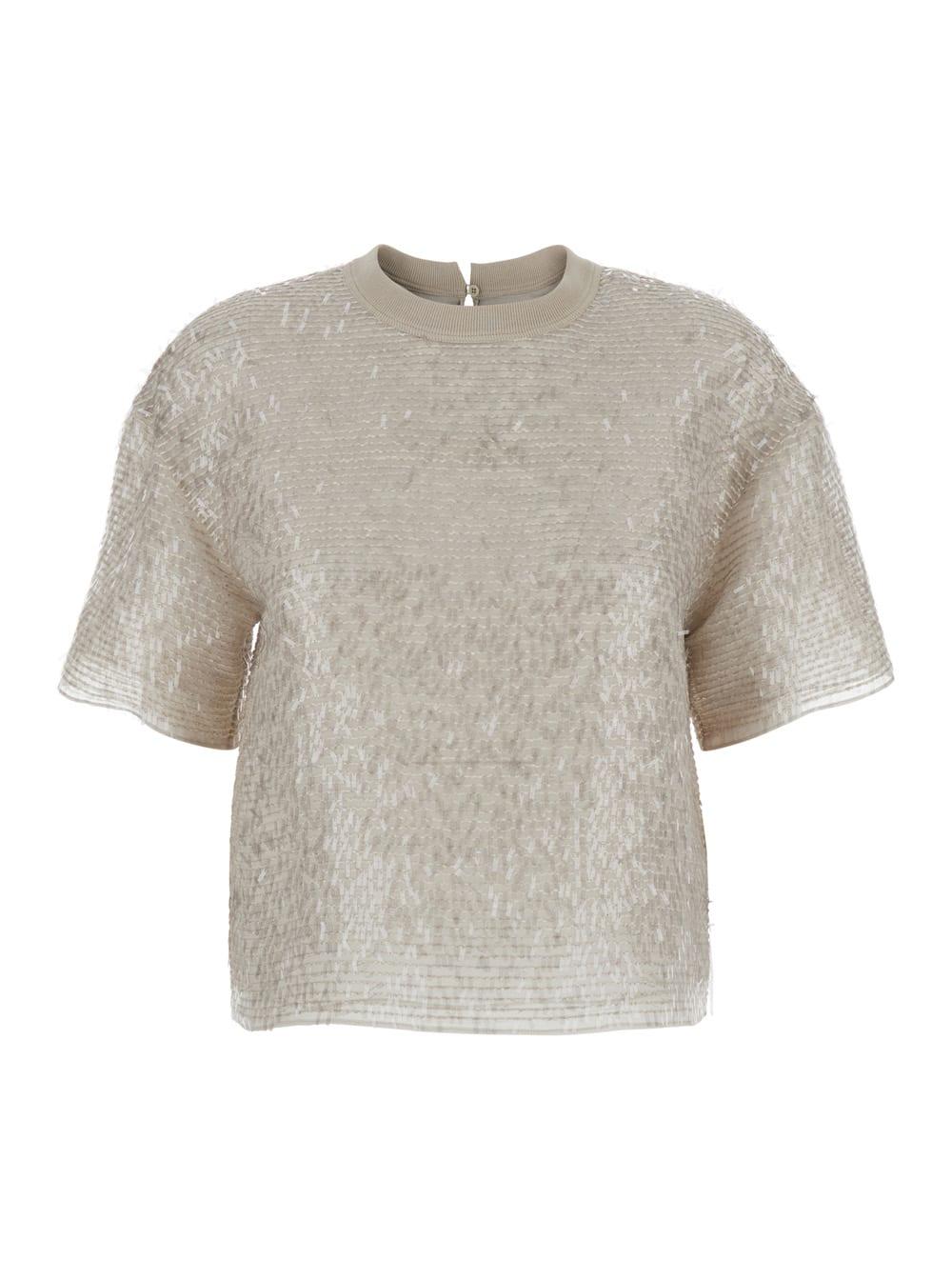 brunello cucinelli beige t-shirt with fringed details in silk for women