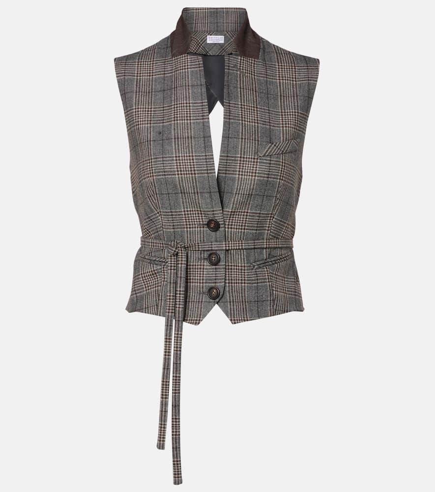 brunello cucinelli belted checked virgin wool vest