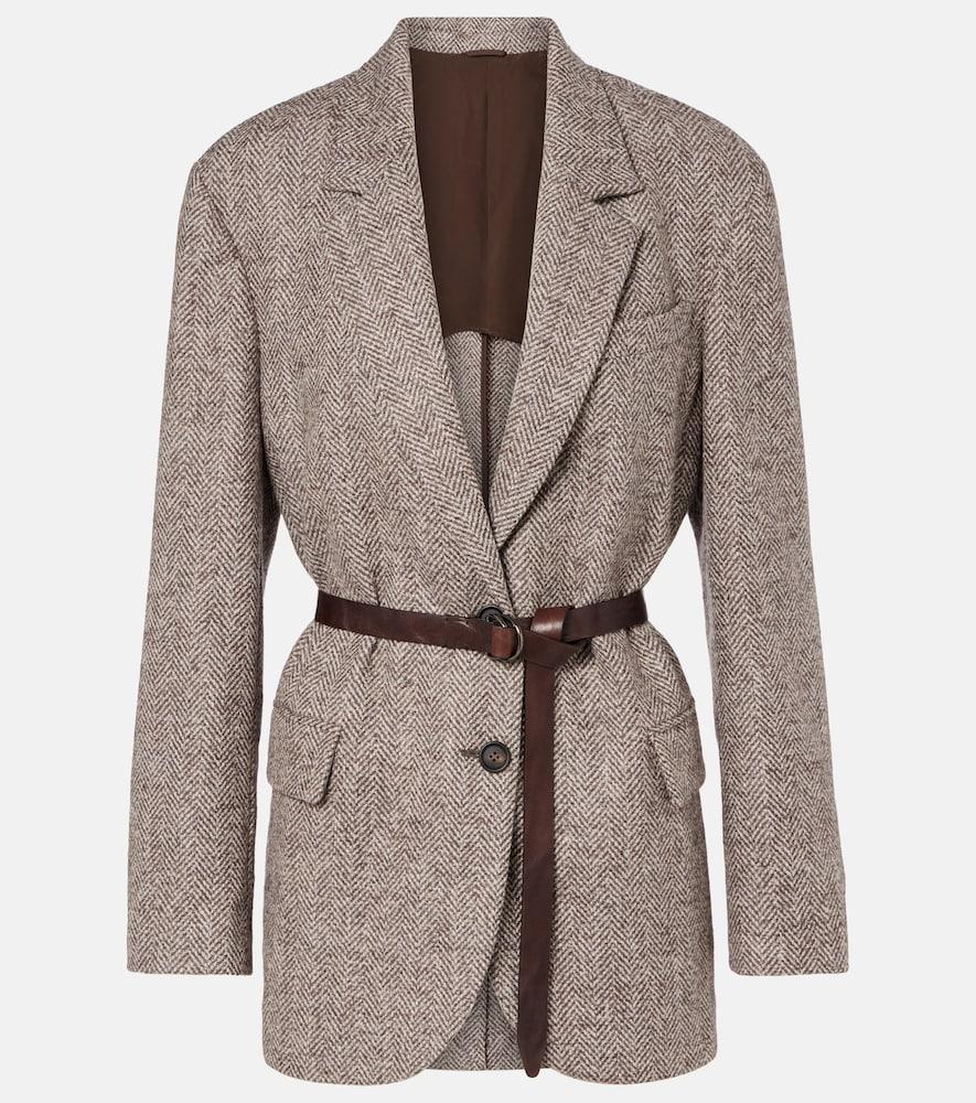 brunello cucinelli belted herringbone wool