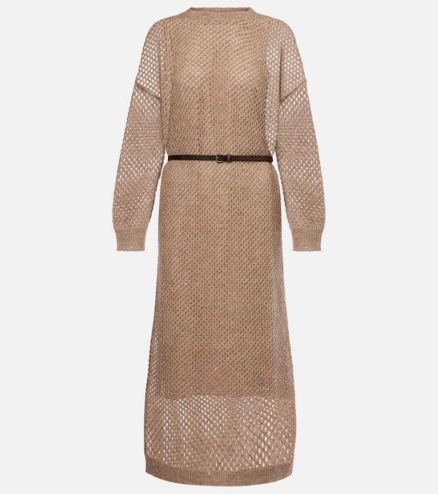 brunello cucinelli belted knitted midi dress