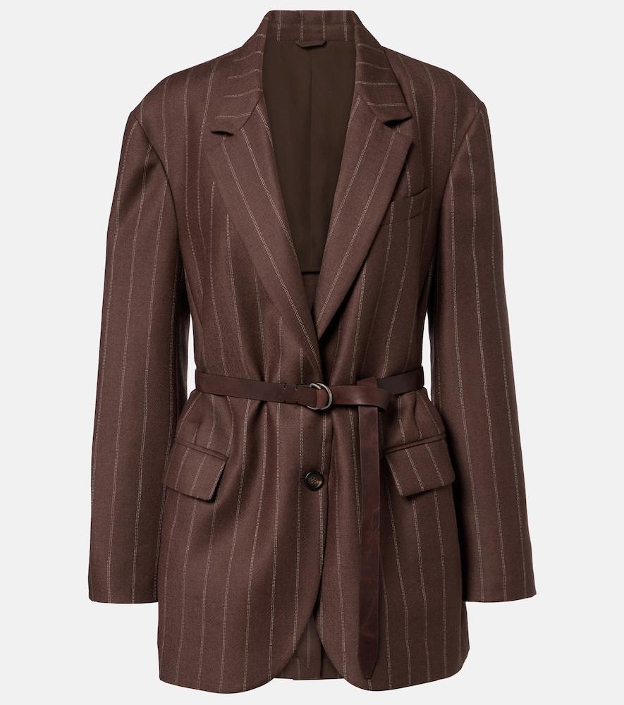 brunello cucinelli belted pinstriped virgin wool blazer