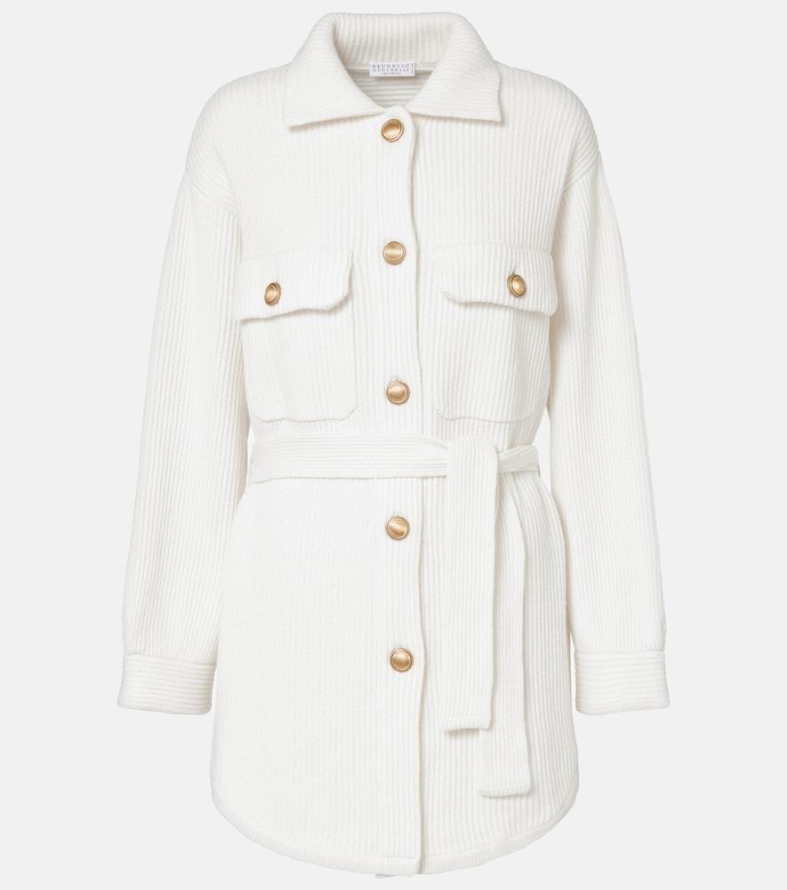 brunello cucinelli belted wool, cashmere, and silk cardigan