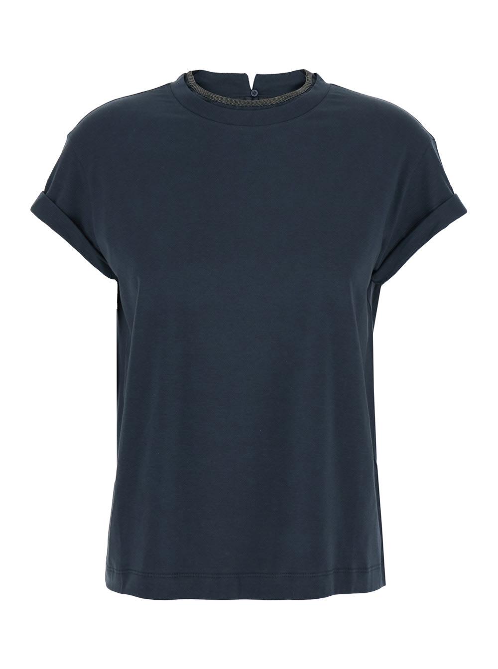 brunello cucinelli blue crewneck t-shirt with monil detail on the collar and rear cut-out in cotton stretch woman