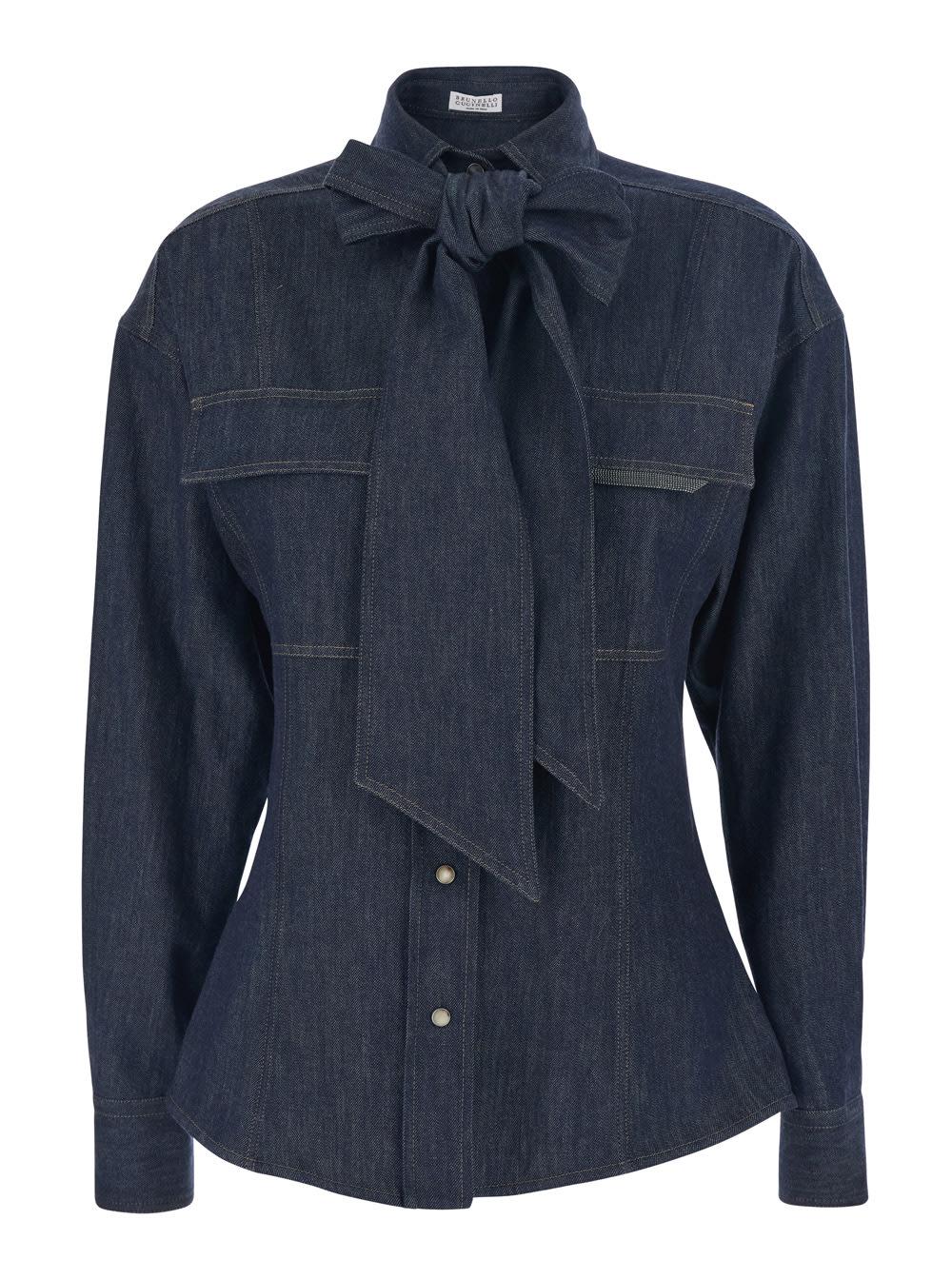 brunello cucinelli blue shirt with bow detail and button closure in denim woman