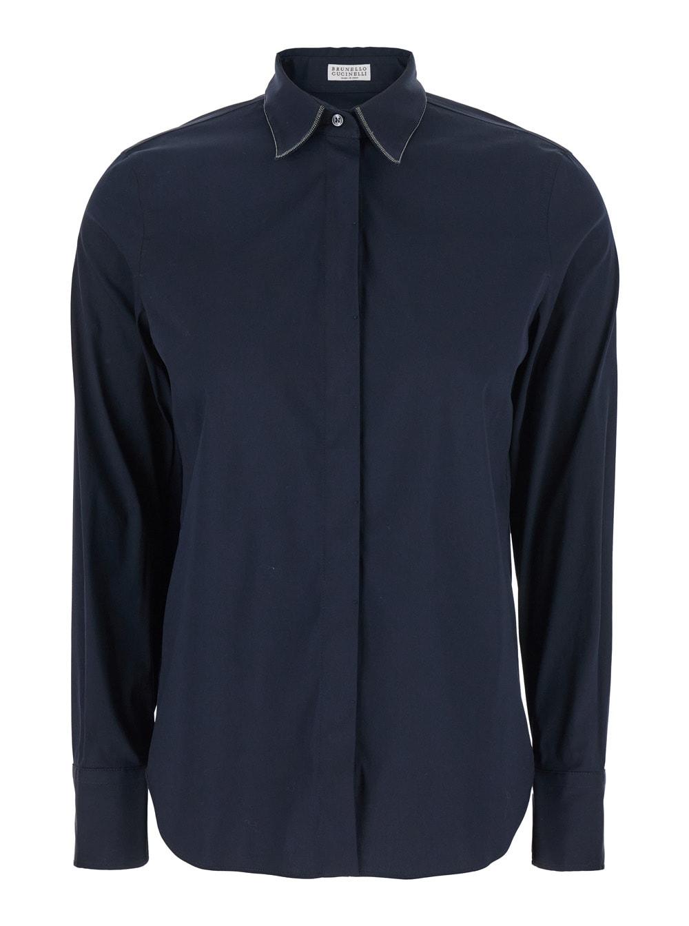 brunello cucinelli blue shirt with pointed collar and monil detail on the collar in cotton blend woman