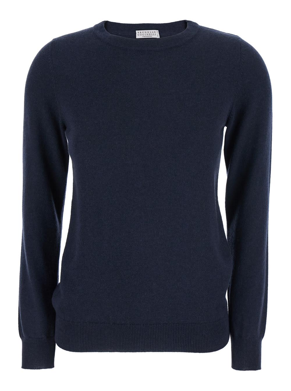 brunello cucinelli blue sweater with round neck in cashmere woman