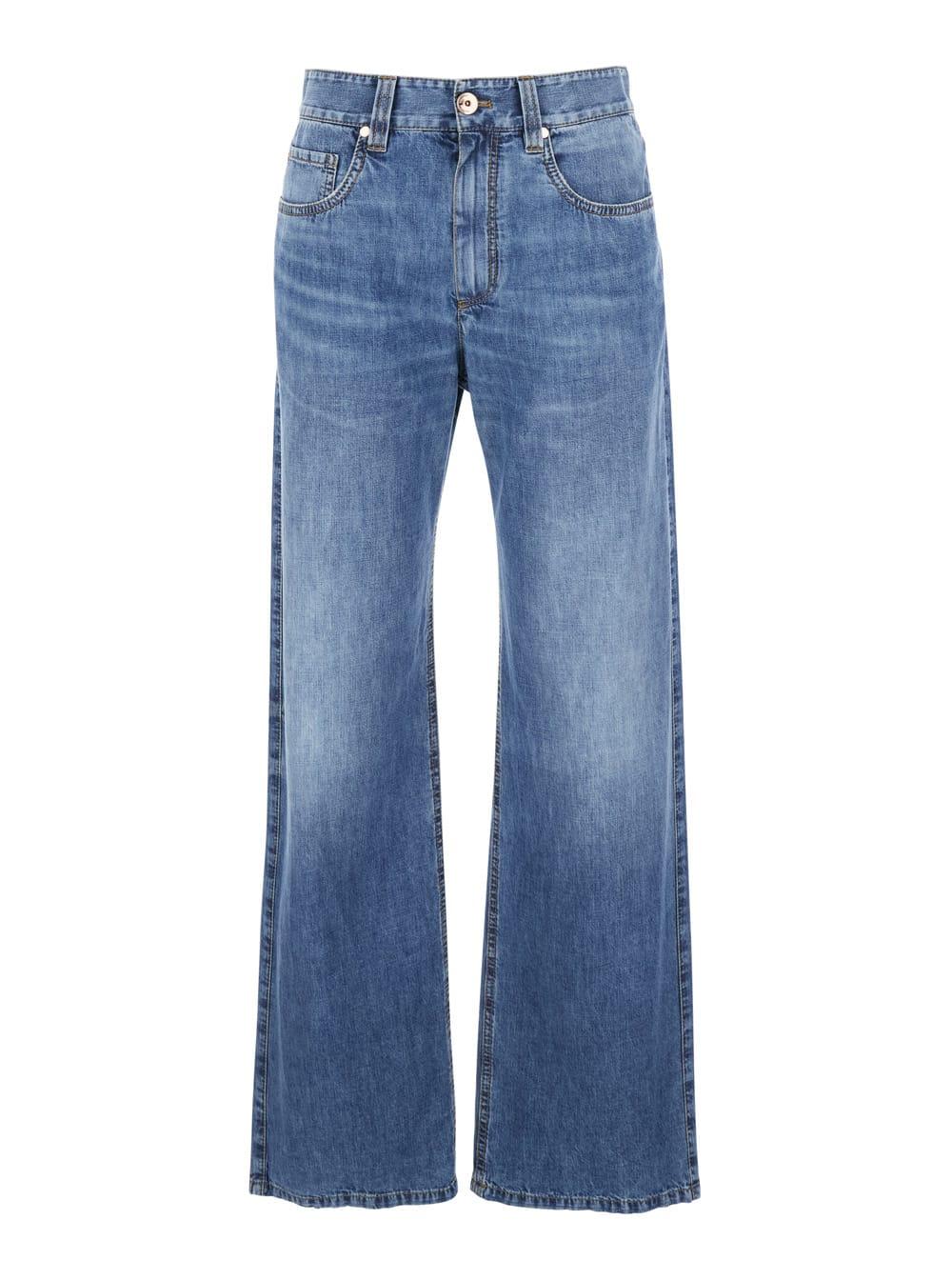 brunello cucinelli boyfriend blue five pocket jeans with faded effect in denim woman