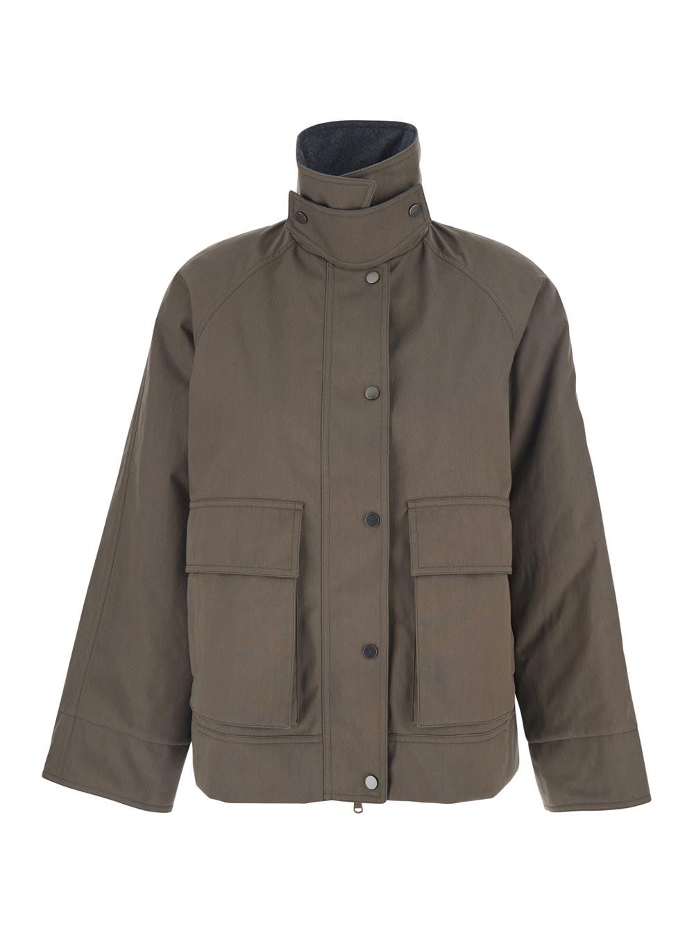 brunello cucinelli brown jacket with high neck and patch pockets on the chest in wool woman