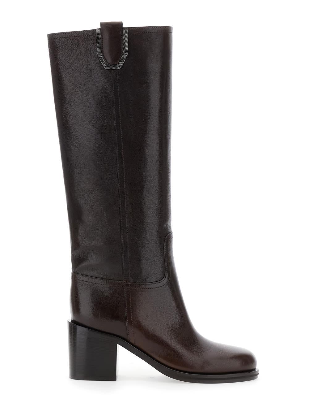brunello cucinelli brown knee-lenght boots with monil detail in leather woman