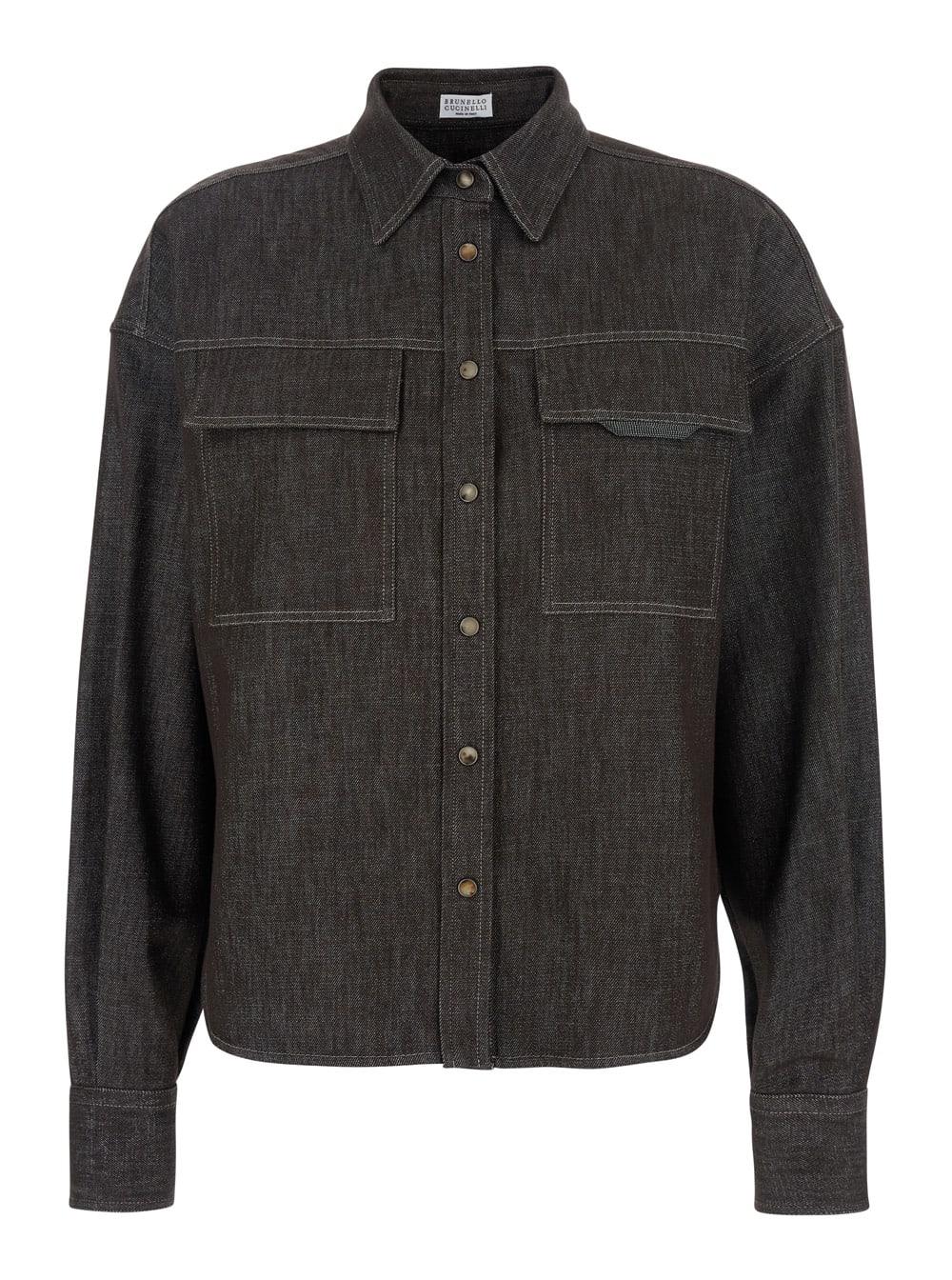 brunello cucinelli brown shirt with classic collar and monil detail on the pocket in cotton blend woman