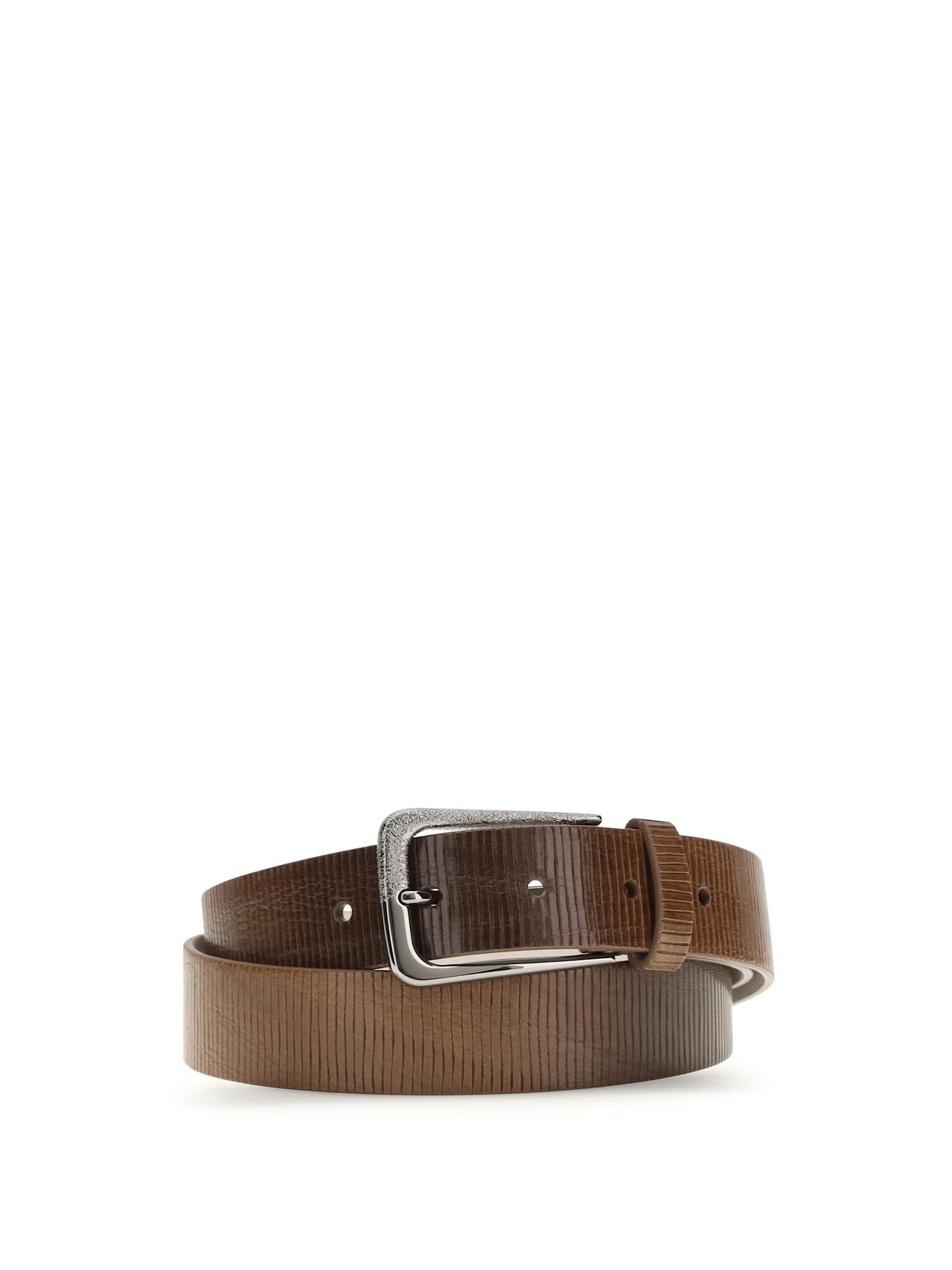brunello cucinelli carved leather belt with shimmering buckle