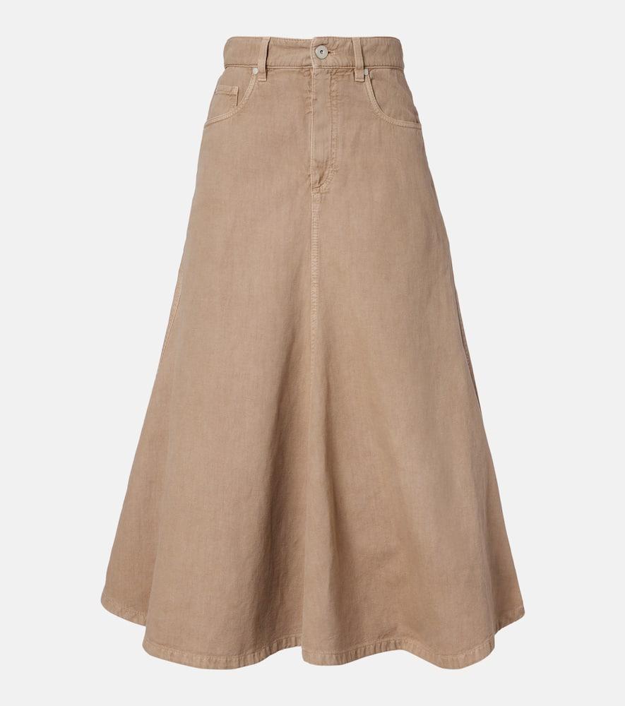 brunello cucinelli cotton and linen denim midi skirt