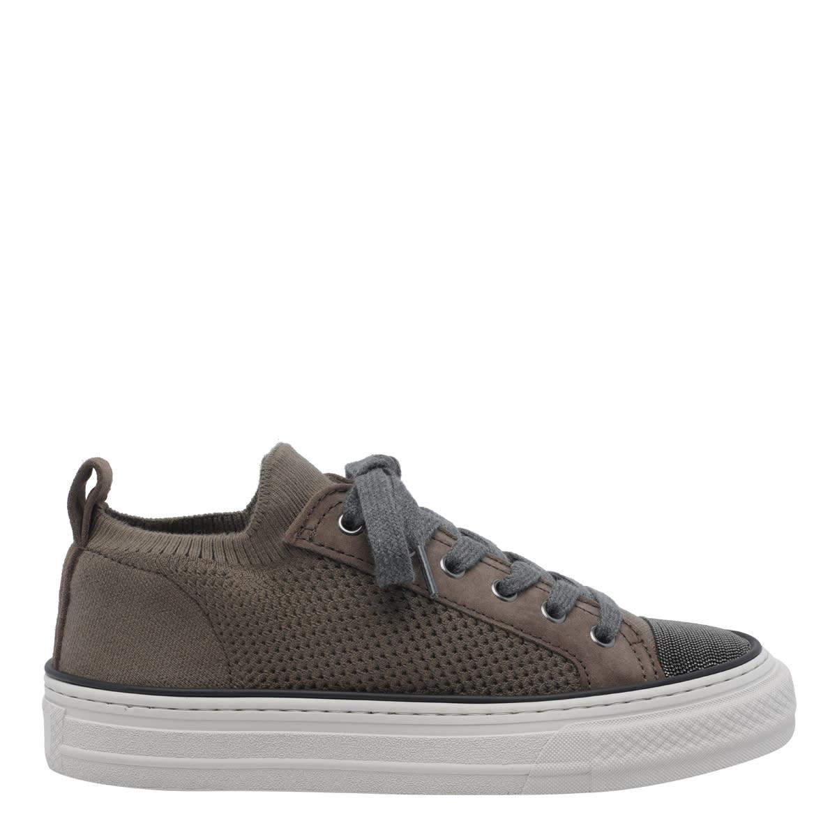 brunello cucinelli cotton and suede knit sneakers with precious toe