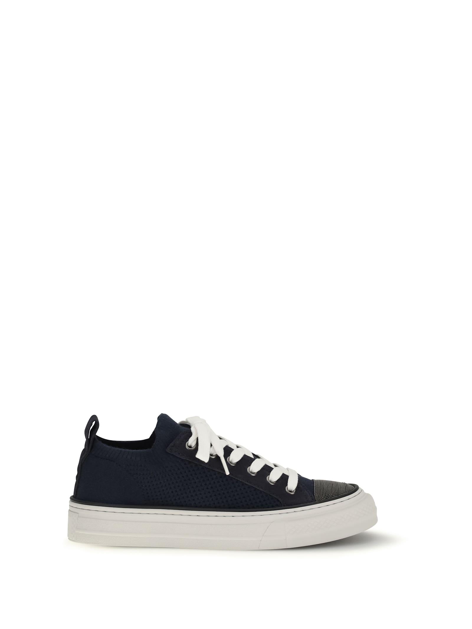 brunello cucinelli cotton knit and suede sneakers