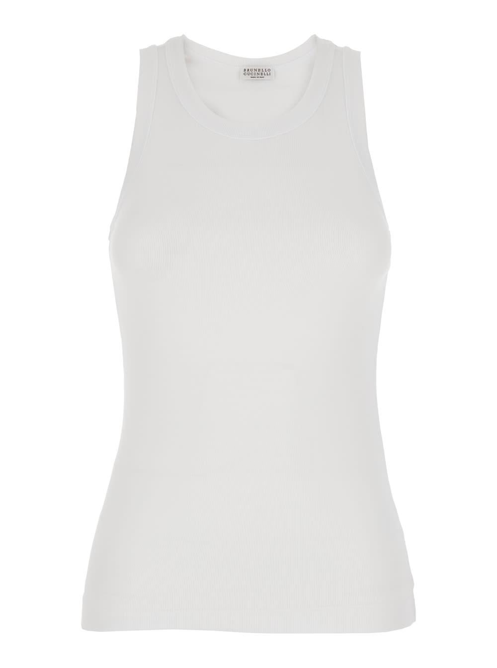 brunello cucinelli crew neck top with monile detail on the front in white stretch cotton for women