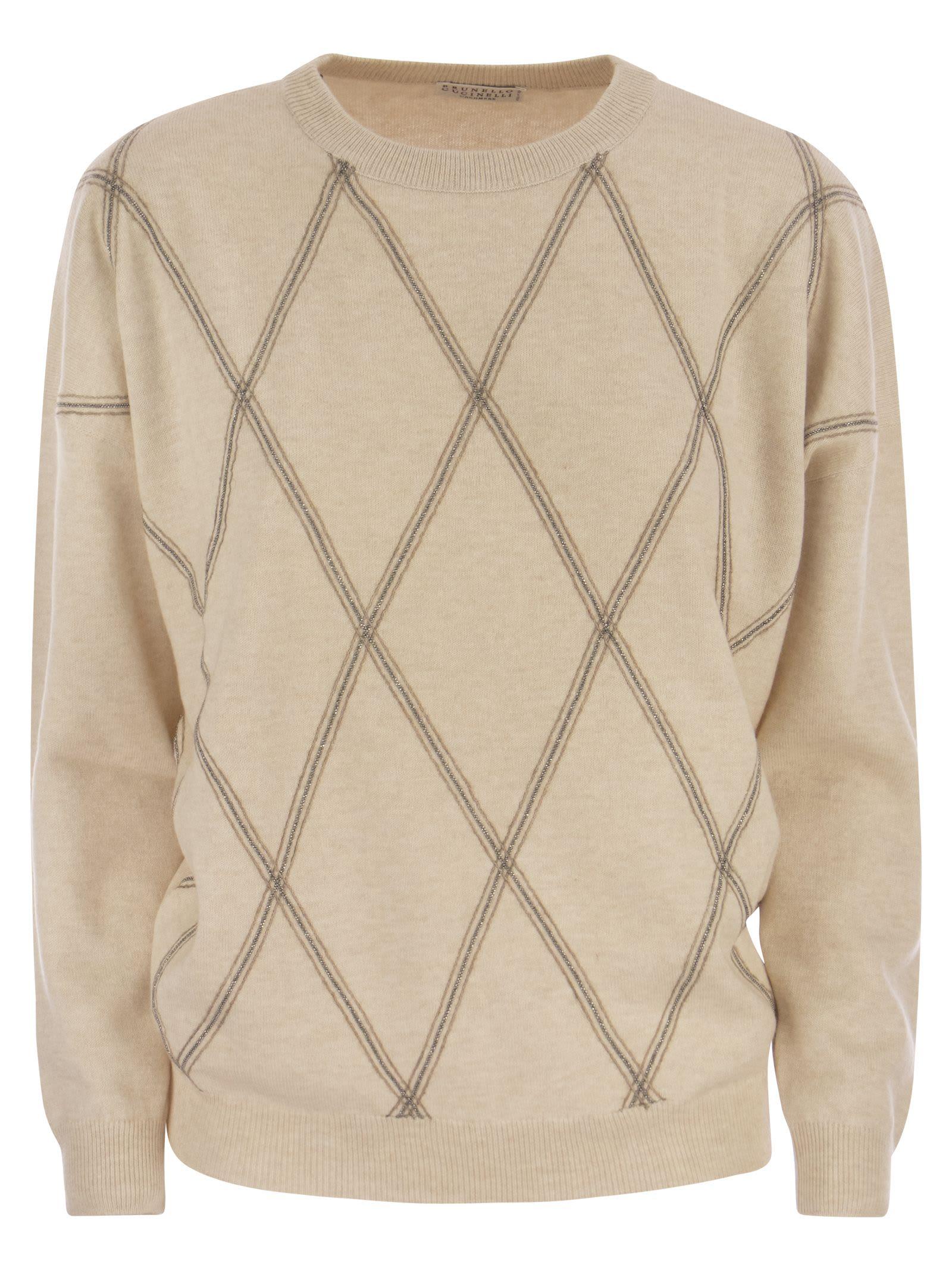 brunello cucinelli crewneck sweater in fine wool, cashmere and silk with diamond pattern