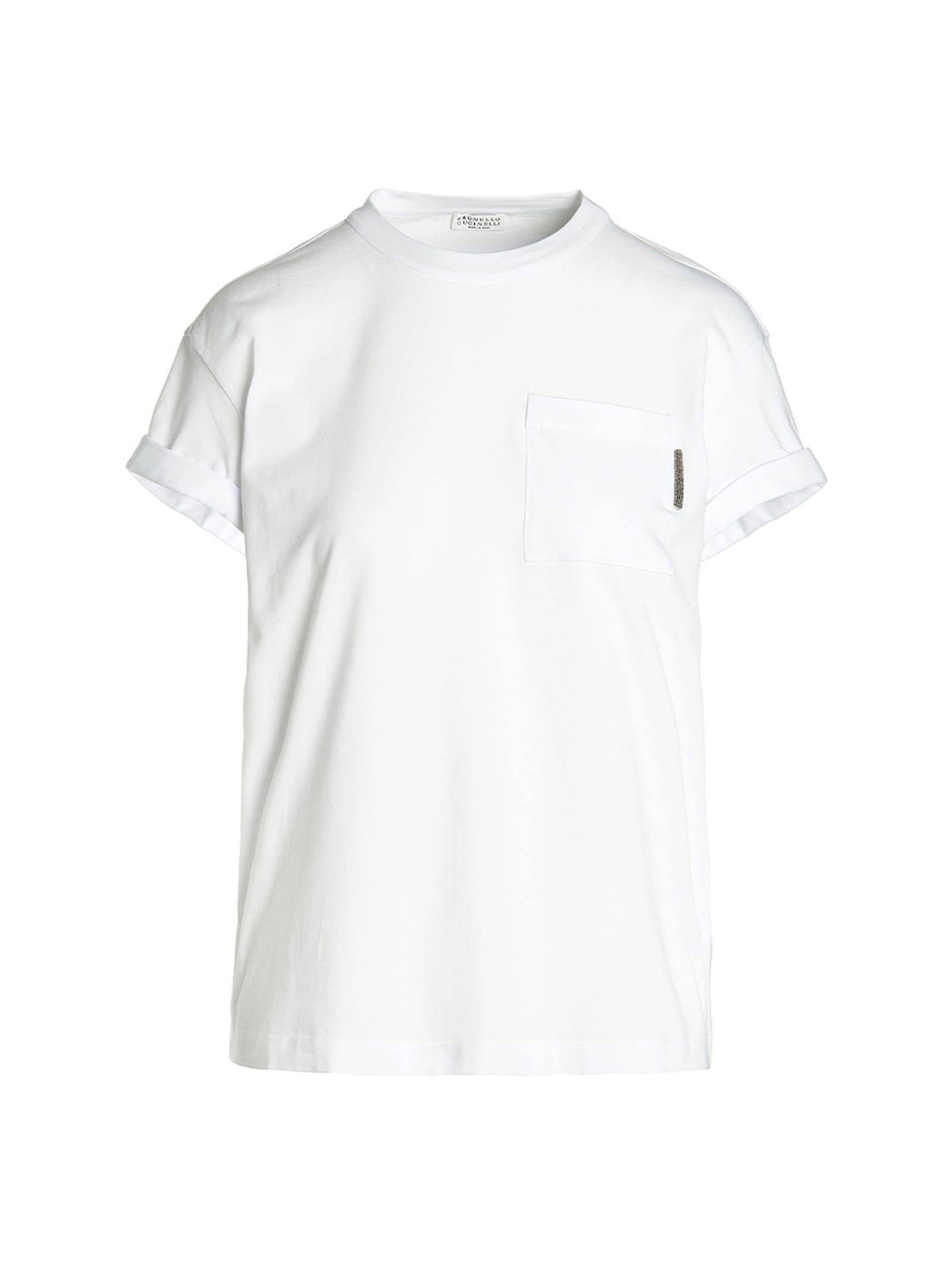 brunello cucinelli crewneck t-shirt with patch pocket and monile detail in stretch cotton