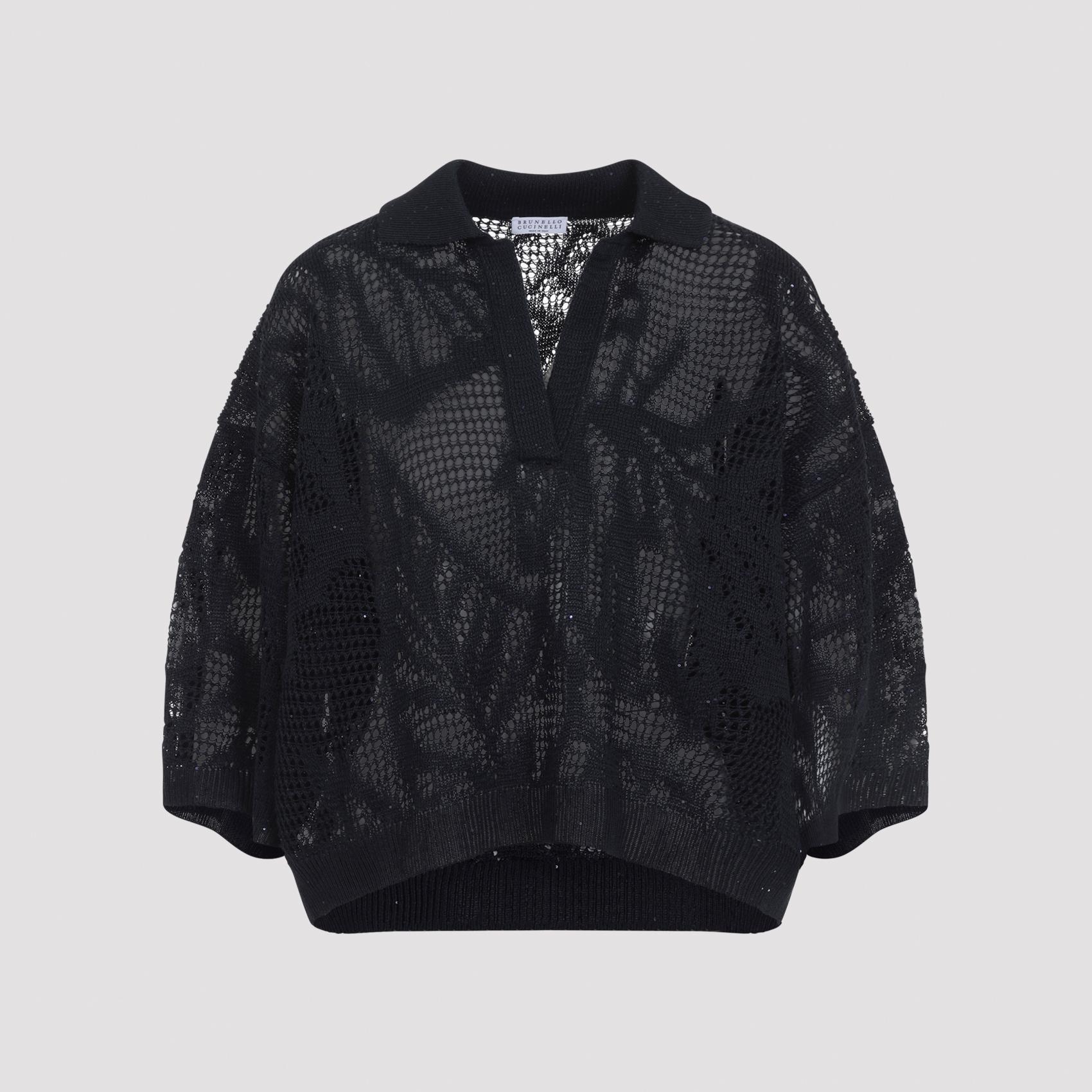 brunello cucinelli dazzling water lillies polo blue linen cotton sweater - women