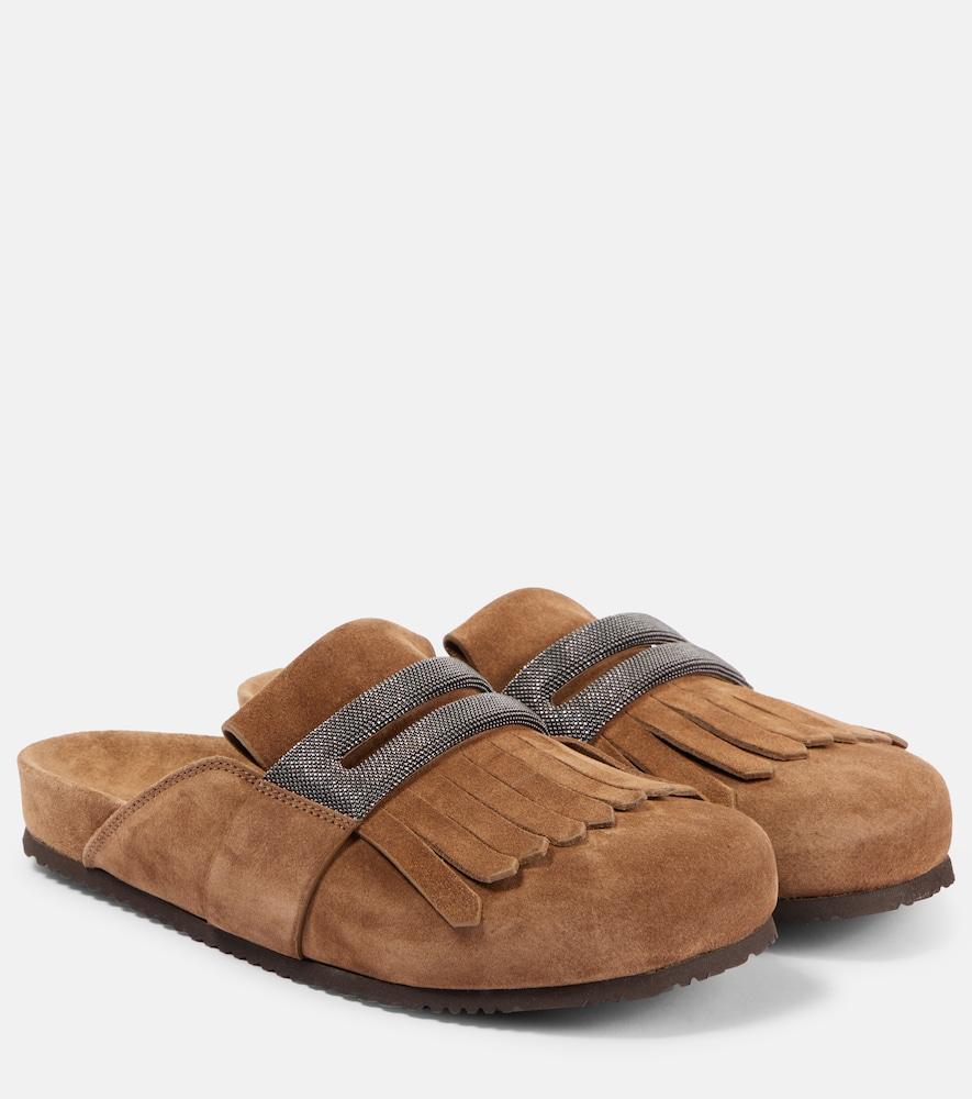 brunello cucinelli fringed suede slippers