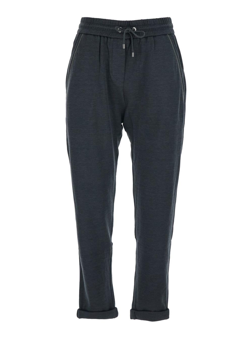 brunello cucinelli gray pants with elastic waist and drawstring and monile detail on the side in cotton blend for women