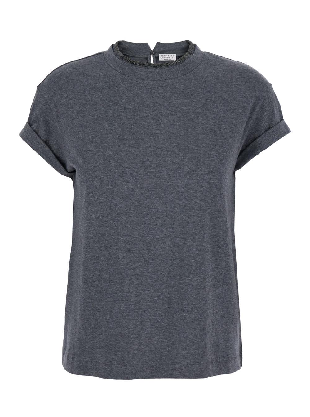 brunello cucinelli grey crewneck t-shirt with monil detail on the collar and rear cut-out in cotton stretch woman