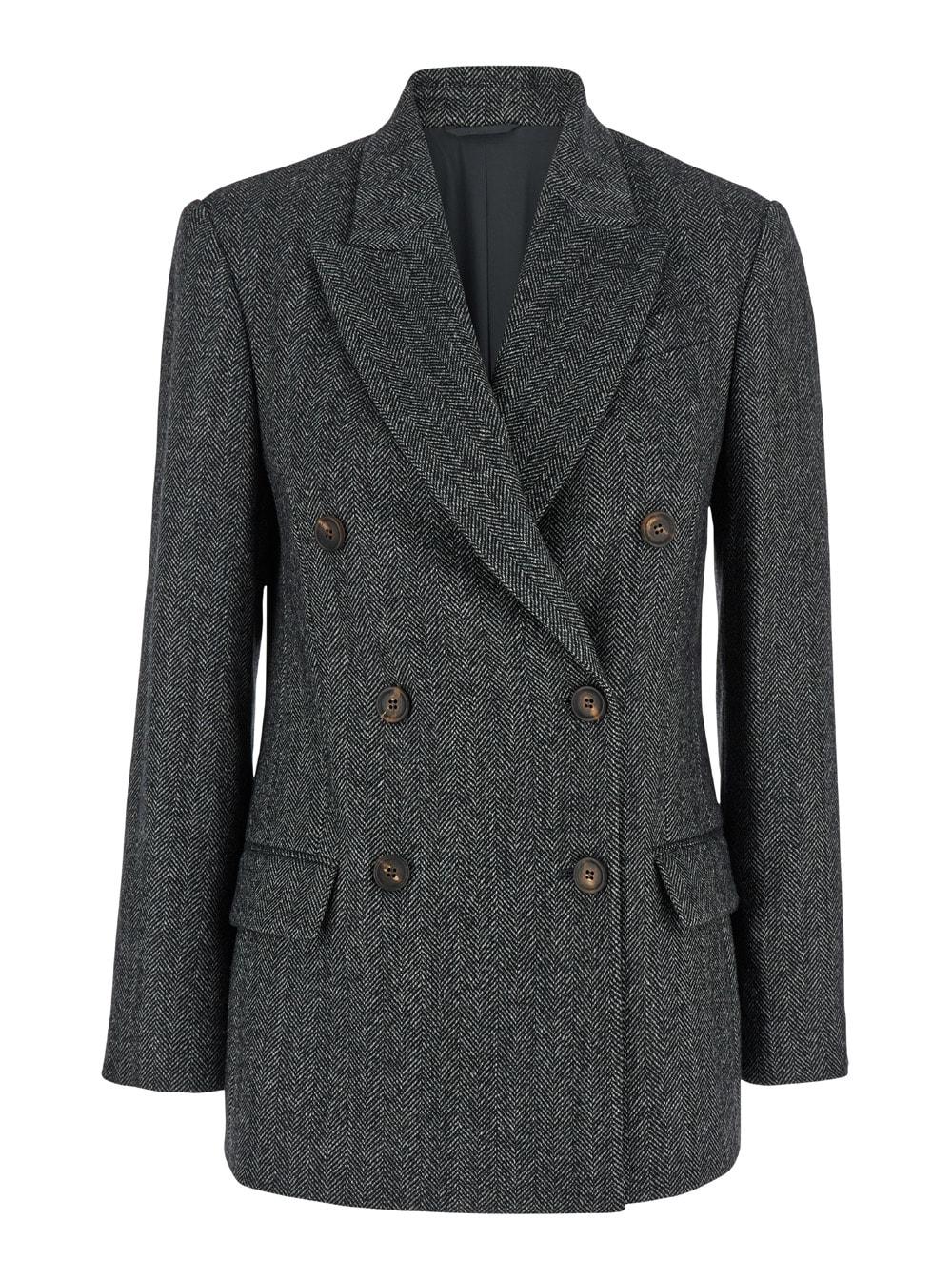 brunello cucinelli grey double-breasted jacket with herringbone pattern in wool woman