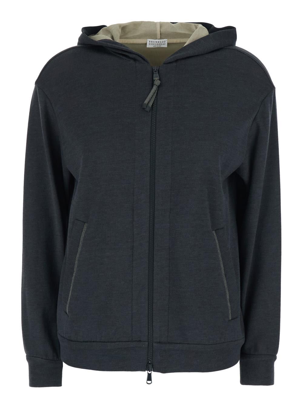 brunello cucinelli grey hooded sweatshirt with monile detail on the front in cotton blend women