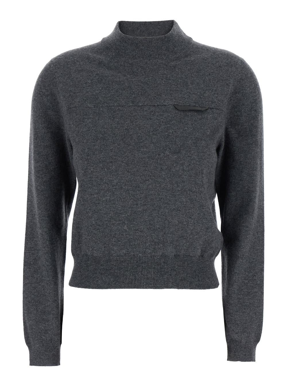 brunello cucinelli grey sweater with mock neck and monil detail on the front in cashmere woman
