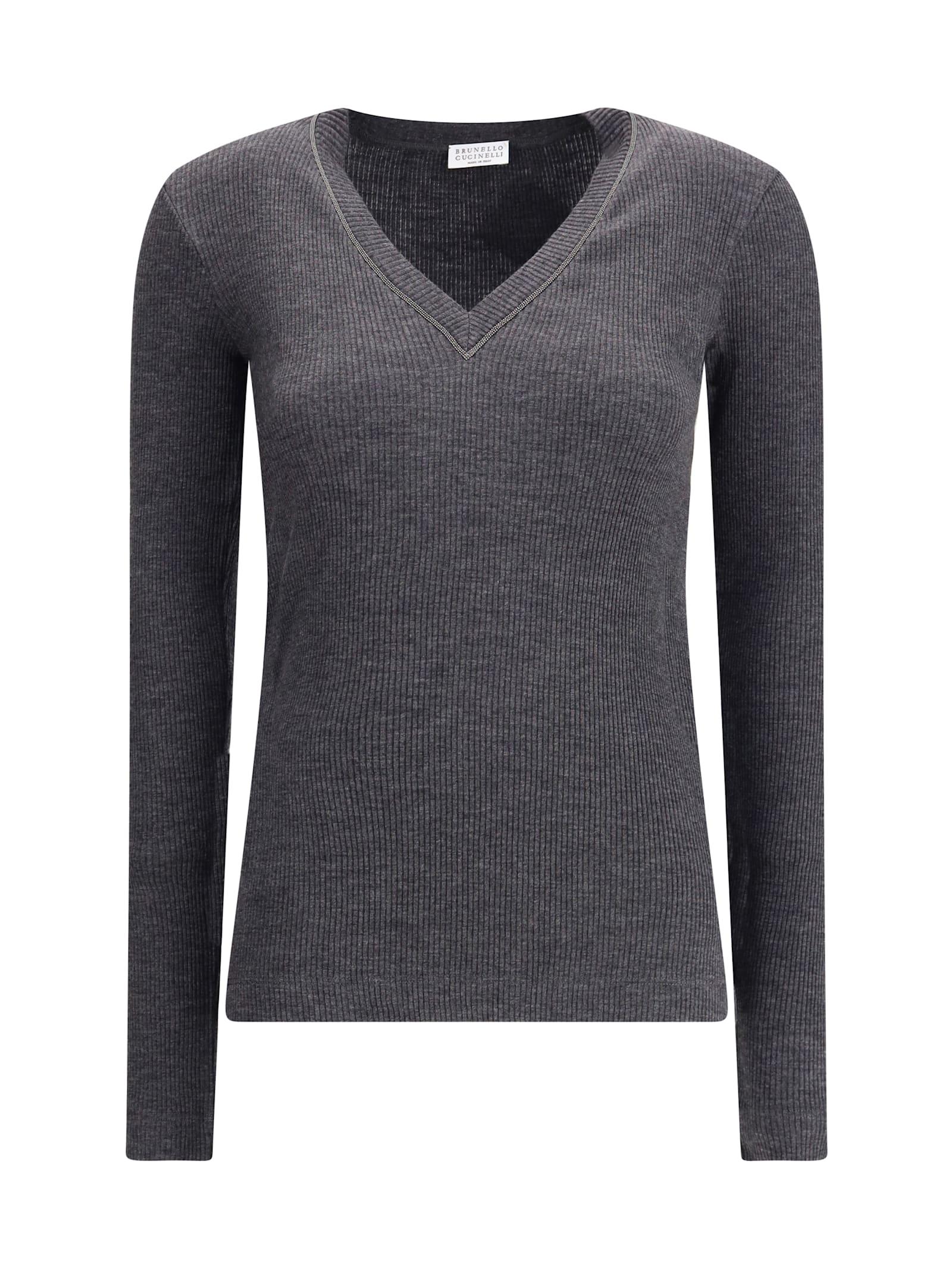 brunello cucinelli long sleeve wool ribbed jersey t-shirt with shiny trim