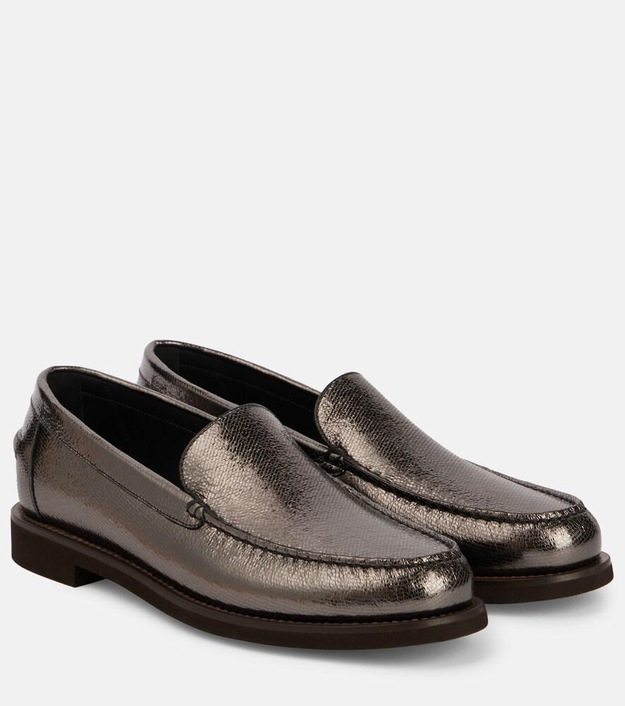 brunello cucinelli metallic leather loafers