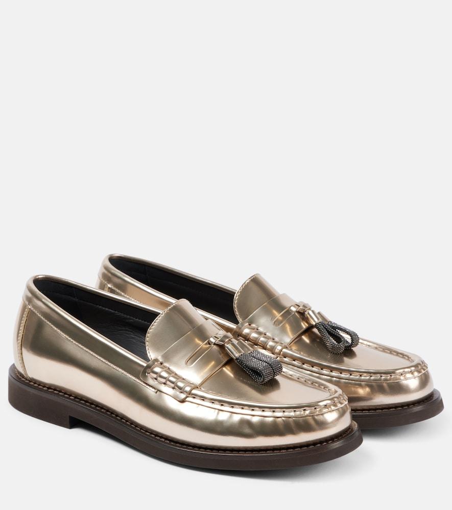 brunello cucinelli metallic leather penny loafers
