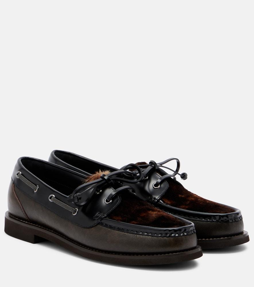 brunello cucinelli monili calf hair-trimmed leather boat shoes